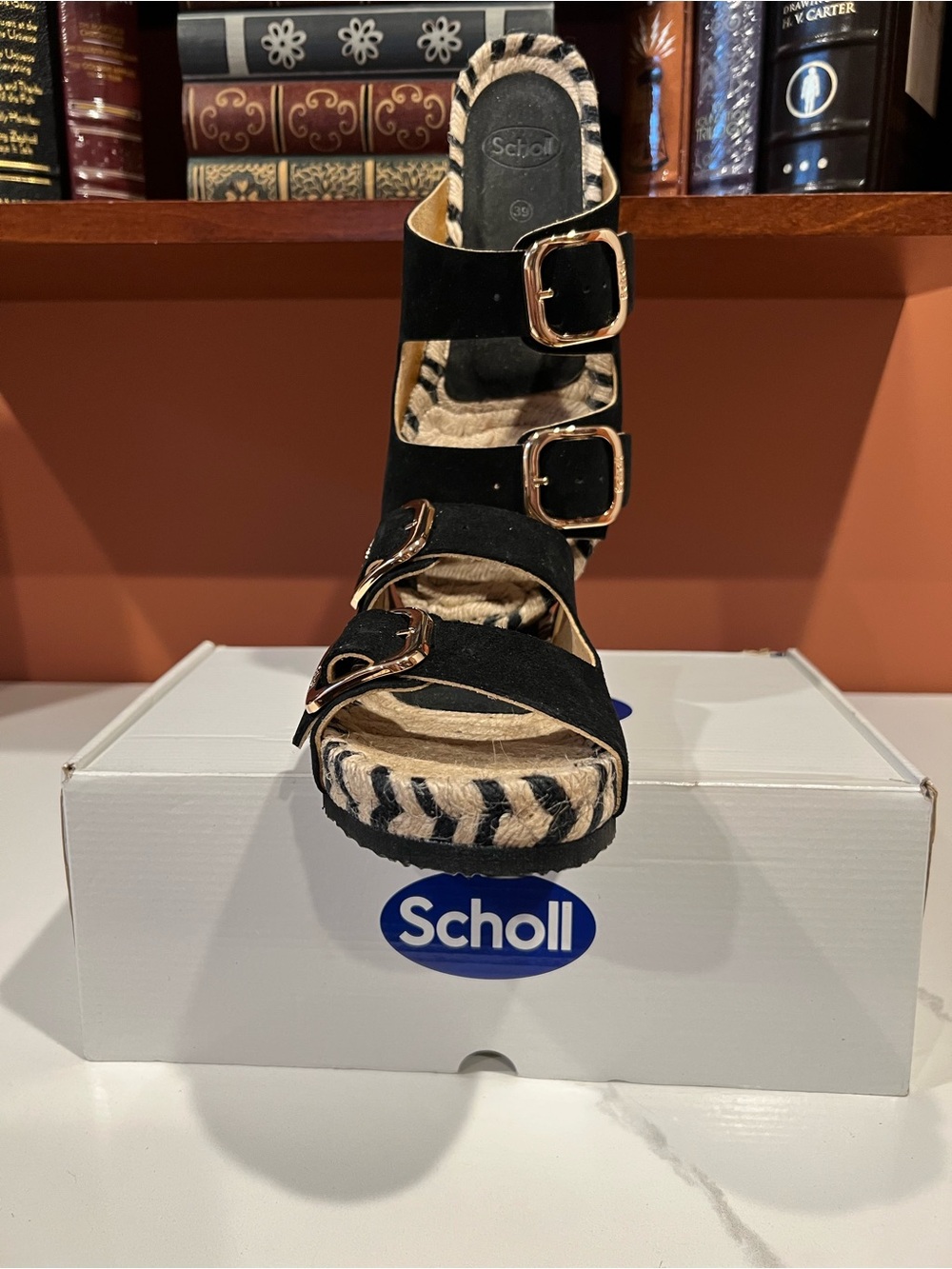 Dr. Scholl's Black Espadrille Wedge Sandals with Gold Buckles
